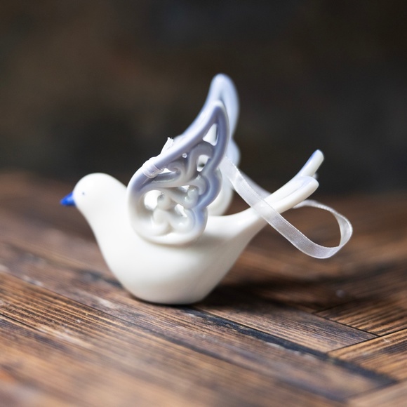 Porcelain ceramic dove bird JOY Christmas holiday ornament figurine blue white - Picture 3 of 7